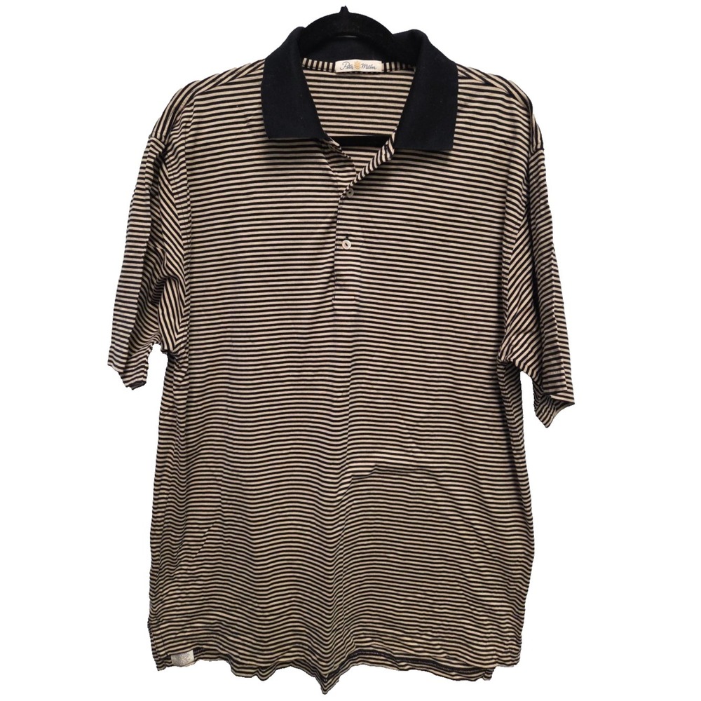 Peter Millar Polo Shirt Mens Size Large Striped Black‎ Tan Golf Collar